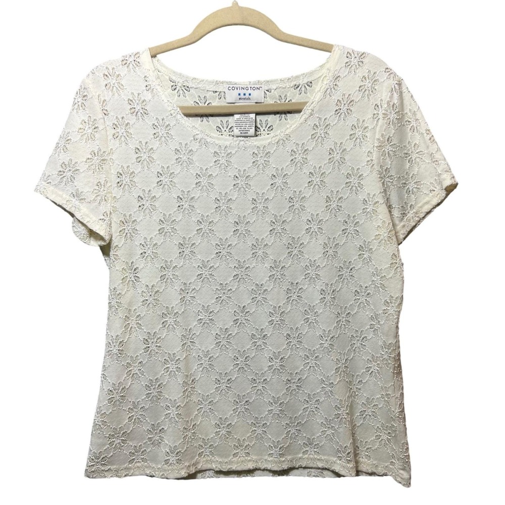 Vintage Y2K Covington Off White Lace Top‎ L Floral Knit Stretch Short Sleeve
